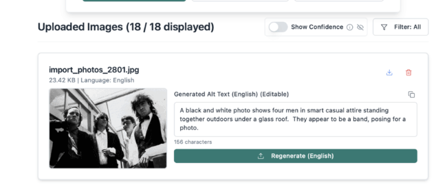 AI Alt Text Generator after alt text has been generated. Two image cards are shown with populated alt text fields. For 'import_photos_2801.jpg', alt text describes 'four men in smart casual attire.' For 'natural-bridge.jpg', it describes 'a paved walkway lined with stone walls.' 'Regenerate' buttons are visible.